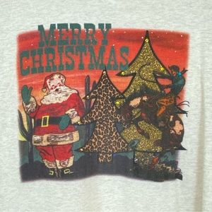 LAT Live and Tell Christmas Womens Medium Shirt Top Santa Animal Print Beige Red